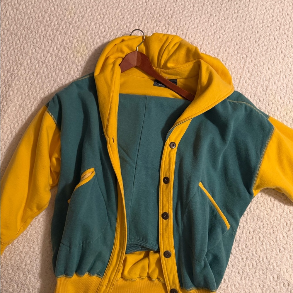 Vintage Liz wear jacket & pants Yellow and Teal Hooded Button-Up Jacket